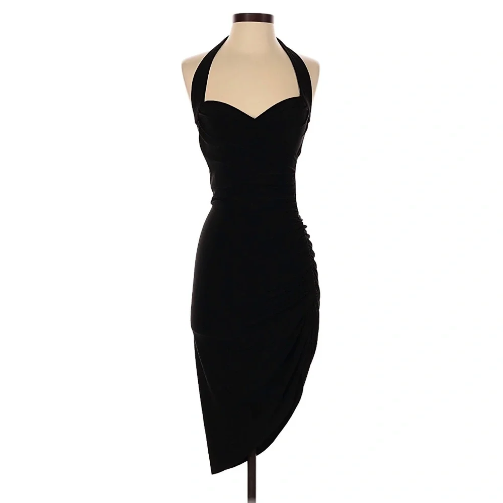 NORMA KAMALI Cayla Side Drape Dress Elegant Black Halter Stretch Bodysuit Small - Picture 2 of 11